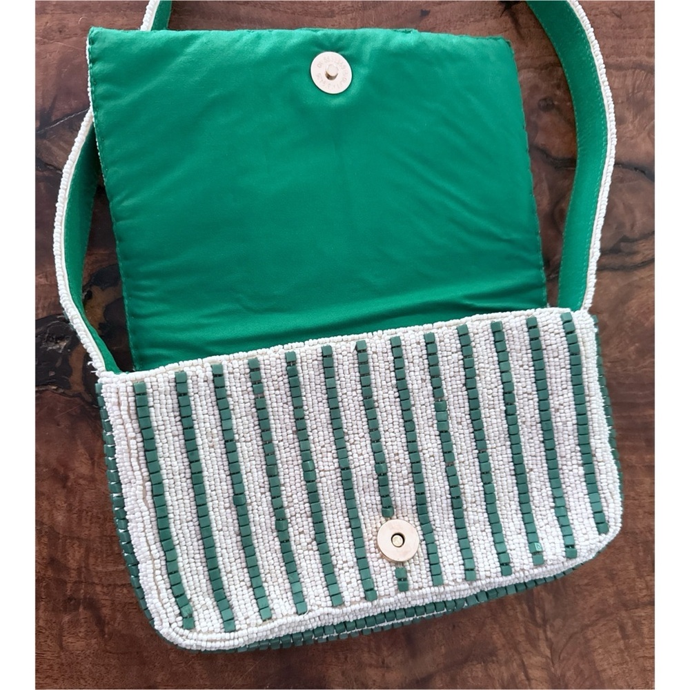 NWT Bead Appliqué Heirloom Tomato Girl Summer Green & White Striped Shoulder Bag - Picture 4 of 13